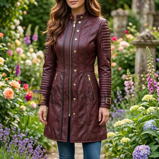 Women's Genuine Leather Long Trench Coat Maroon Burgundy Slim Fit Moto
