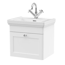 Wall Mounted 500mm 1 Drawer Satin White Vanity Unit & Wash Basin 1 Tap Hole Sink