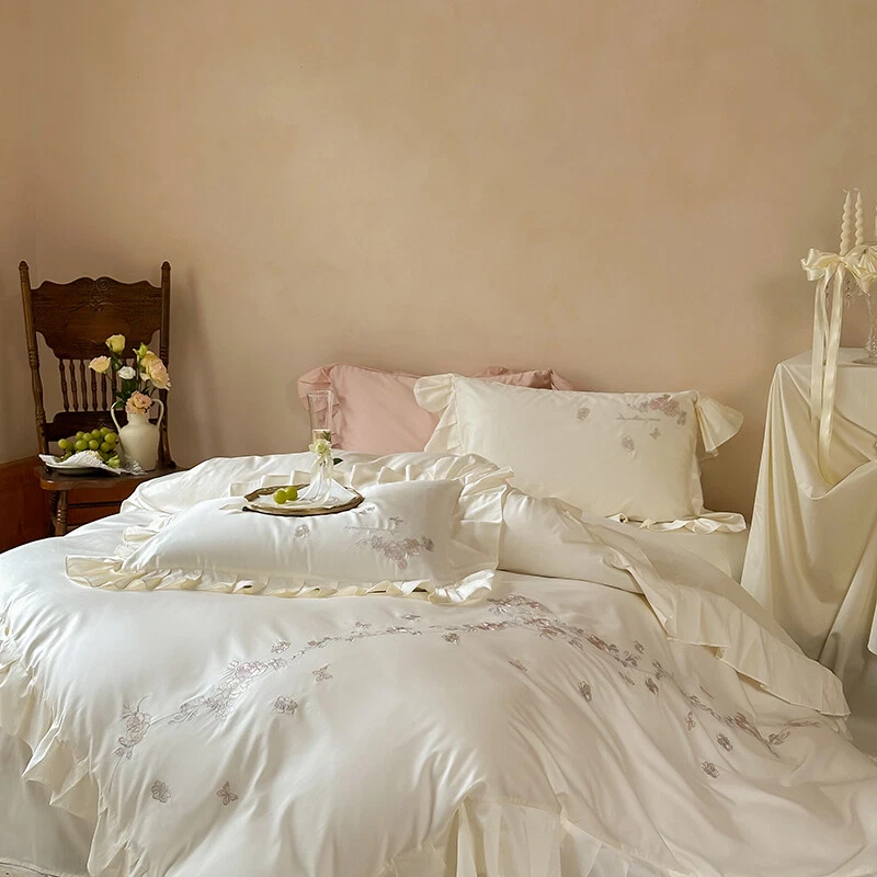 Bedding Set 4 Pieces Embroidery Rose Flower Duvet Cover Flat Sheet 2 Pillowcases - Image 4 of 4