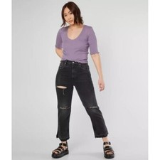 Free People Lita Black Distressed Straight Leg Jeans 26