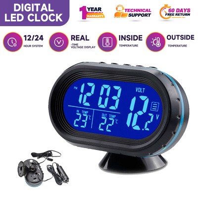 12V Dual Portable Temperature Gauge LED Digital Screen Display Car Clock 2 In 1