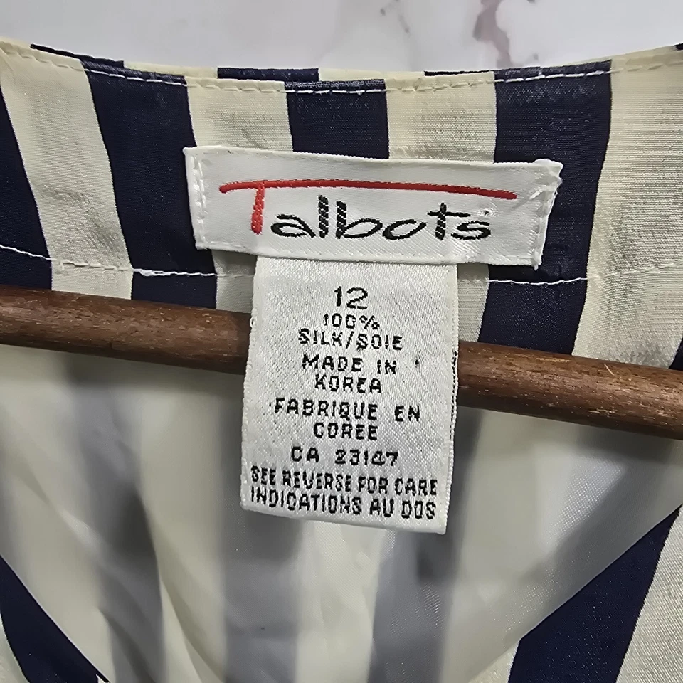 Vestido de seda vintage para mujer grande 12 azul marino crema blanco midi maxi talbots a rayas  Foto 3 de 4