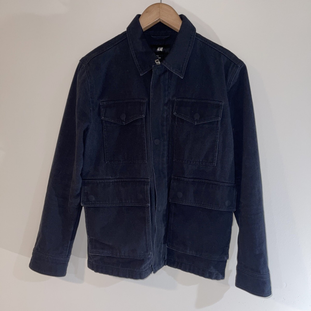 Men's H&M Black Cotton Twill Jacket Size Small Denim Zip Up Snap Button