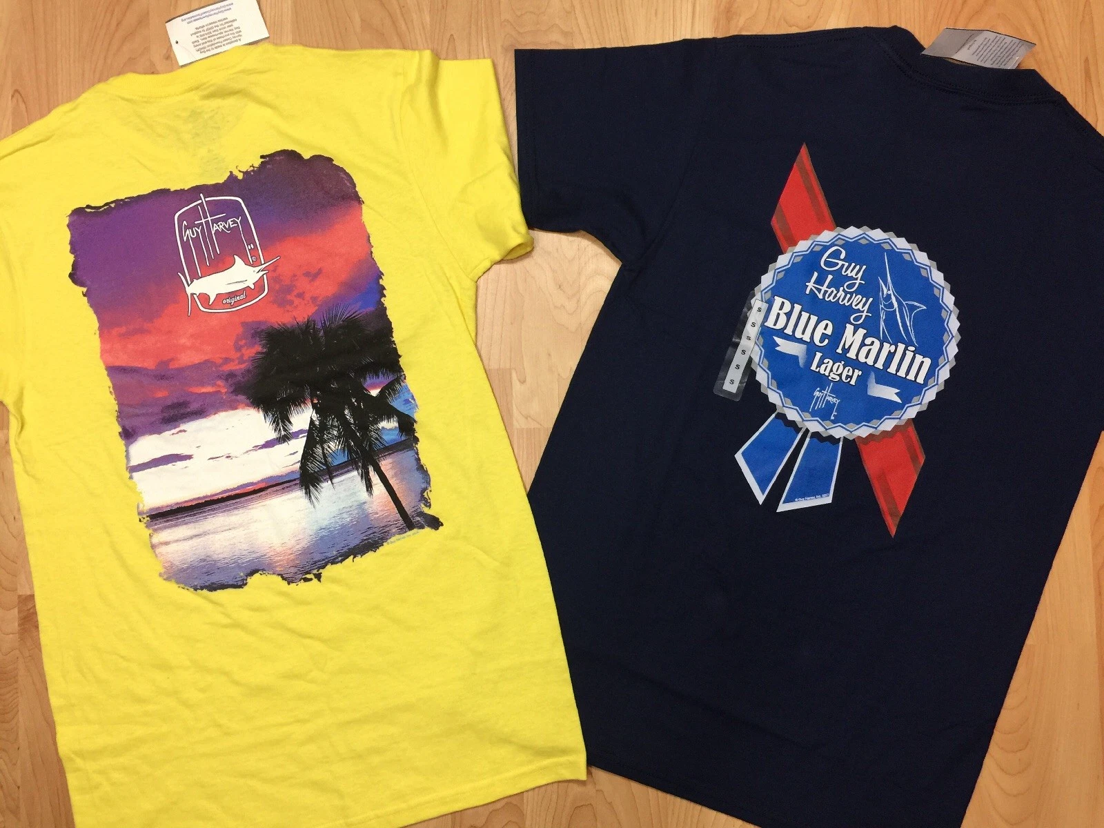 Lot Of 2 Guy Harvey Men’s Small Yellow & Navy S/S Cotton Fishing T-Shirts NWTs