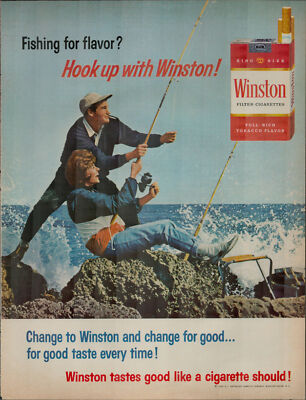 fisherman cigarette 1965 Winston Cigarettes Couple Ocean Fishing and Smoking Vintage Print Ad  1553