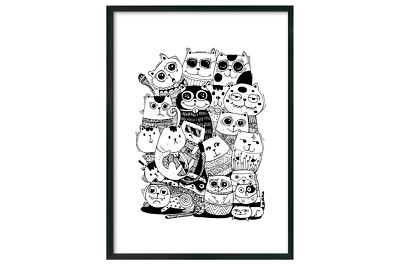 Lustiger Katzenillustrationsdruck, schwarz-weißer Katzendruck, Geschenk für Katzenliebhaber