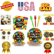 96 Pcs Building Block Birthday Party Supplies Paper Plates Napkins Colorful B...