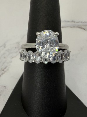 Diamonique 925 Sterling Silver CZ Oval Solitaire & Band Ring Set 5cttw Sz 8 Box