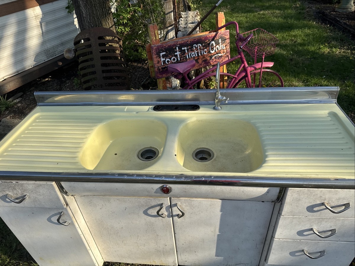 Vintage Youngstown Yellow Kitchen Sink And Cabinet 66”x24”x36.5