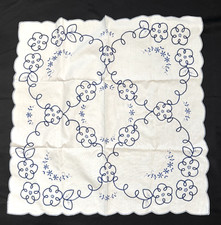 Vtg Table Cloth White/Blue Embroidered Pattern 32"x32"