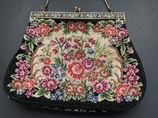 Romantic Vintage Black Floral Roses Petit Point Tapestry Purse Gold Tone Chain