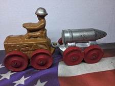 Manoil Soldier Towing Bomb Wooden Wheels 