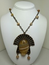 Vintage Rare Handmade Copper & Agate & Chain Statement Necklace Egyptian Design