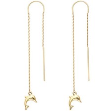 NEW 14K YELLOW GOLD DOUBLE LINES DOLPHIN EARRINGS