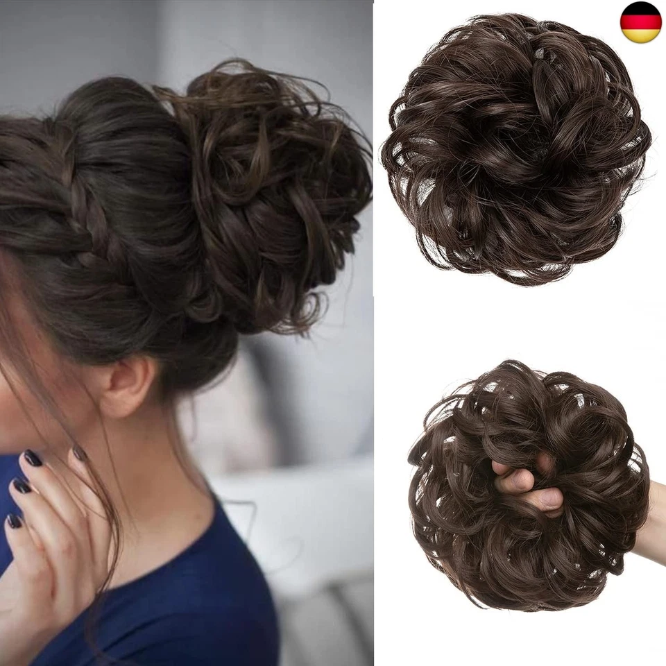 JJstar Haarteil Mit Gummiband, Groß Dutt Haarteil Dunkelbraun Gelockt Haargummi