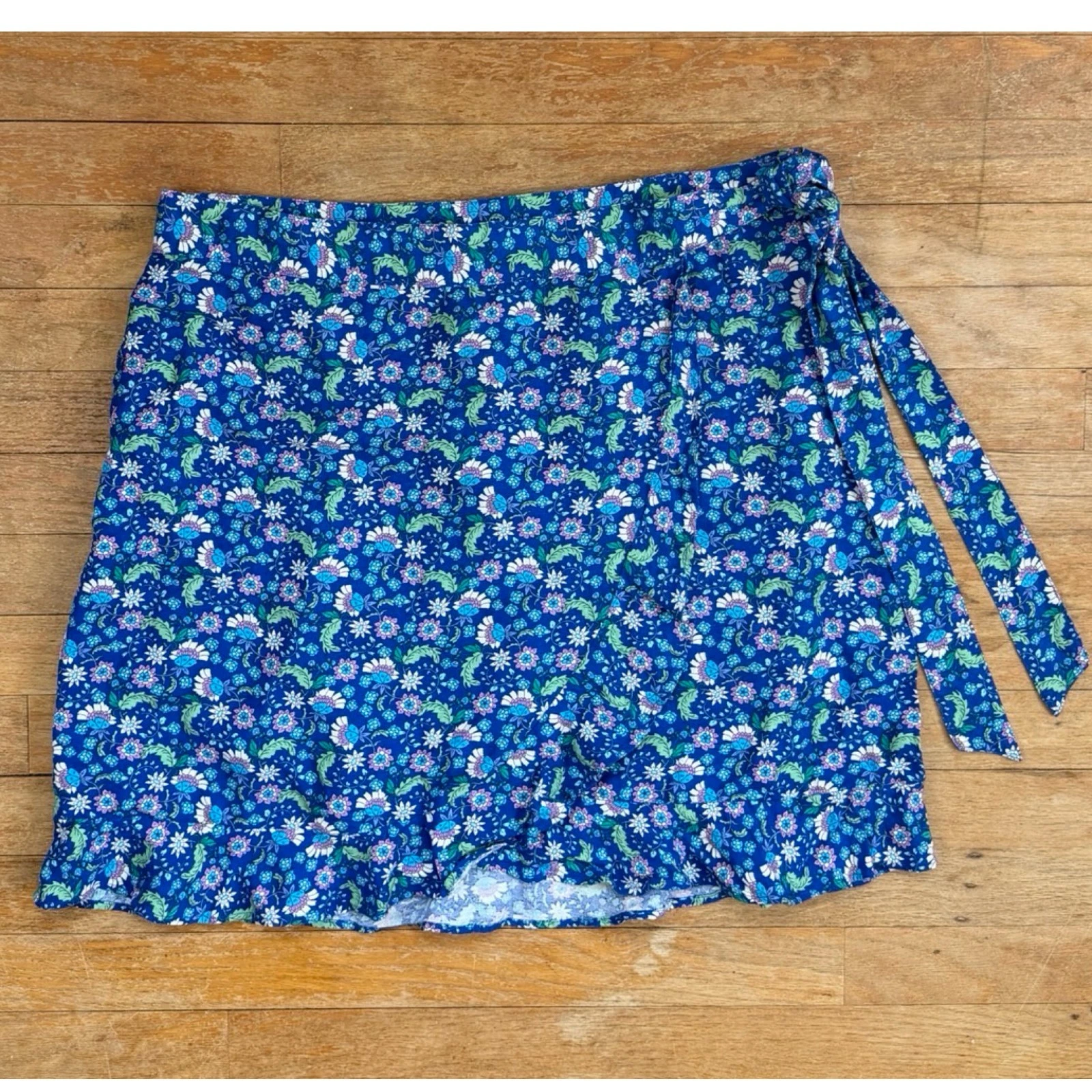 LOFT Skirt Floral Linen Blend Wrap & Zip Blue Green Brown Ruffle Size 14 Linen