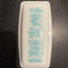Vintage 1960s Pyrex Amish Butterprint Turquoise Blue White Covered Butter Dish