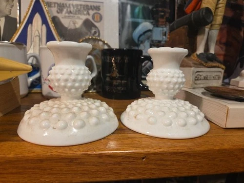 Fenton White Hobnail Glass Taper 3" Candle Holders Pair of 2 Perfect Vintage