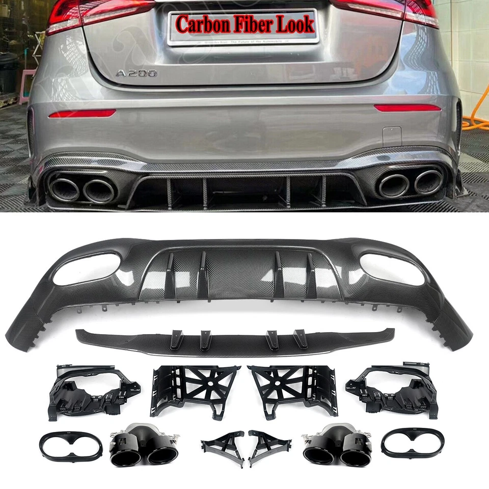 For Mercedes A-Class W177 A45 Look Rear Bumper Diffuser W/ Tailpipe Carbon Style Foto 2 de 4