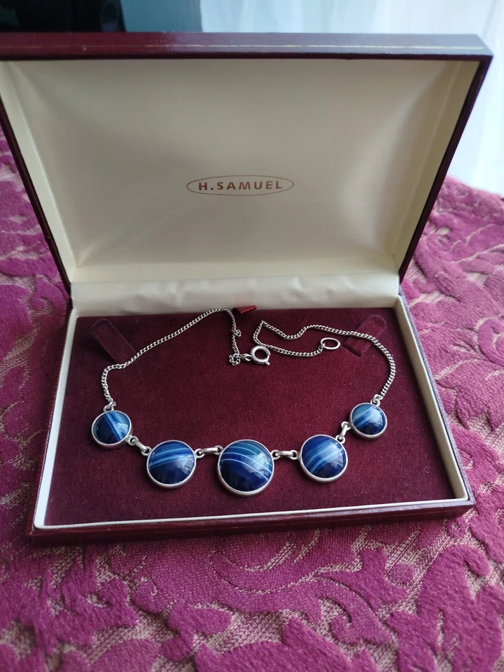 Silver 925 Blue Banded Agate Necklace with 5 Cabochons Vintage Antique - Image 2 of 4
