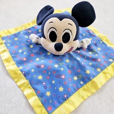 Disney Mickey Mouse 11" Plush Lovey security Baby Blanket Blue Yellow Satin