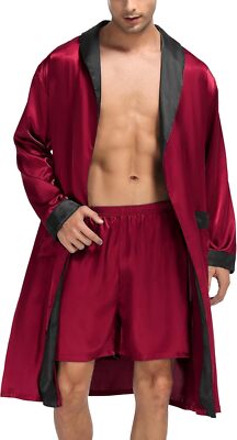 Mens Satin Robe with Shorts Set Silky Kimono Bathrobe Lightweight Soft Sleepwear