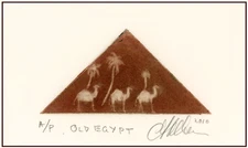 ANCIENT EGYPT;  EGYPTIAN PYRAMID & CAMELS Palm Trees Original MEZZOTINT Signed