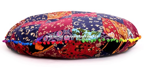 Pouf Indien Mudha En Patchwork Multicolore - Coton Sur Rotin - Hauteur 40 Cm - Neuf
