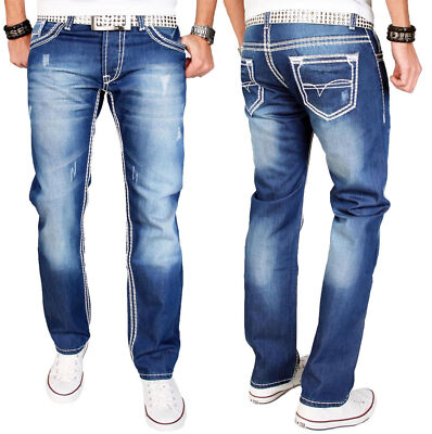A. Salvarini Herren Designer Jeans Hose dicke weisse Zier Nähte denim blau AS011
