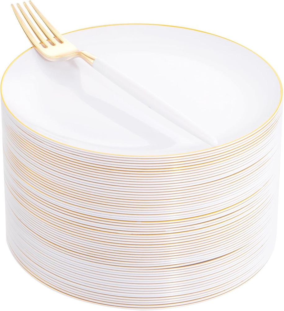 72PCS Gold Plastic Plates 7.5" with 72PCS Disposable Forks 8.5", Disposable Whit