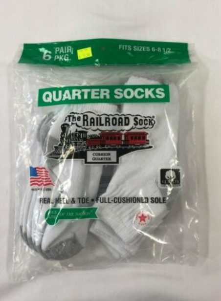 Railroad Socks ~ Kids Quarter Sock ~ White 6 pair ~ Sock Size 6