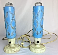 🍒 Vintage Pair Blue Glass Bullet Boudoir Vanity Lamps Bakelight Base WORKING 🍒