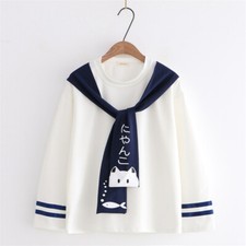 Girl Japanese T-shirt Tops Tee Pullover Round Neck Long Sleeve Kawaii White Slim