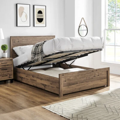 HAPPY BEDS Rodley Oak Wooden Ottoman Storage Bed in 2 Sizes and 4 Mattress Options