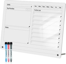 Acrylic Dry Erase to-Do List Board with Top Priorities Notes, 9x13 Desktop White