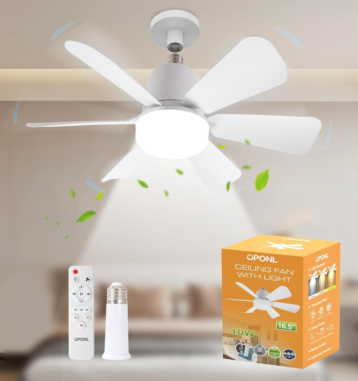 Socket Fan Light with Remote, 3-Speed Dimmable LED White Socket Ceiling Fan