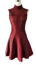 Alexander McQueen Broderie Anglaise Skater Dress Mock Neck Burgundy 38 2 NEW