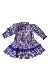 Vintage Girls Purple Gingham Floral Prairie Dress Ruffle Trim Pockets