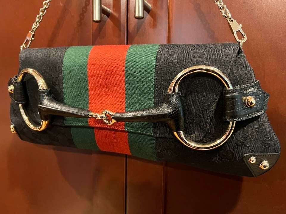 NEW* Vintage GUCCI Ltd Ed Black GG Monogram Clutch Gold Horsebit Tom Ford 1955 image 4