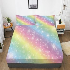 Girls Fitted Sheet and Pillowcase Set, Tie Dye Pastel Glitter Bed Sheet for K...