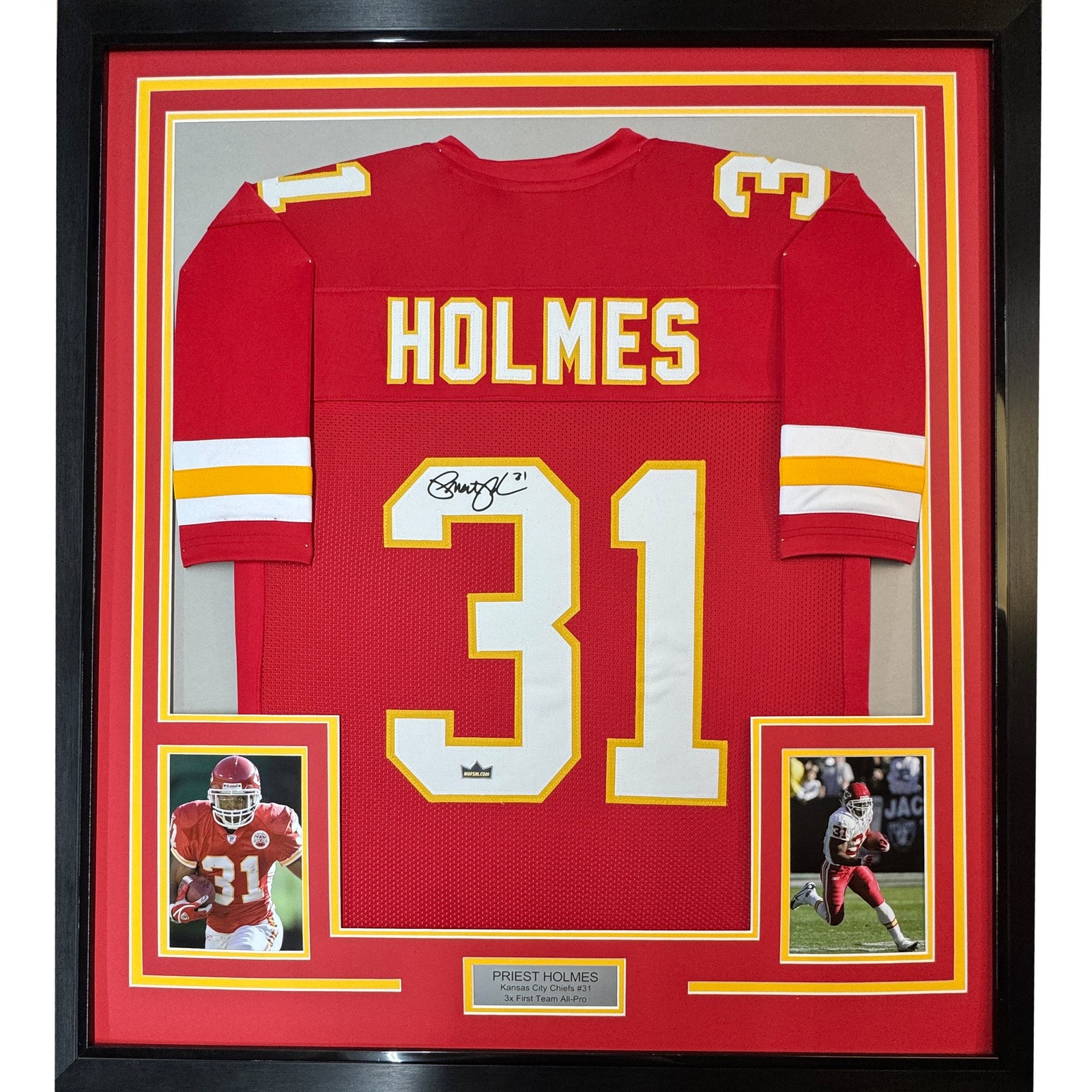 Framed Facsimile Autographed Priest Holmes 35x39 Kansas City Red Jersey