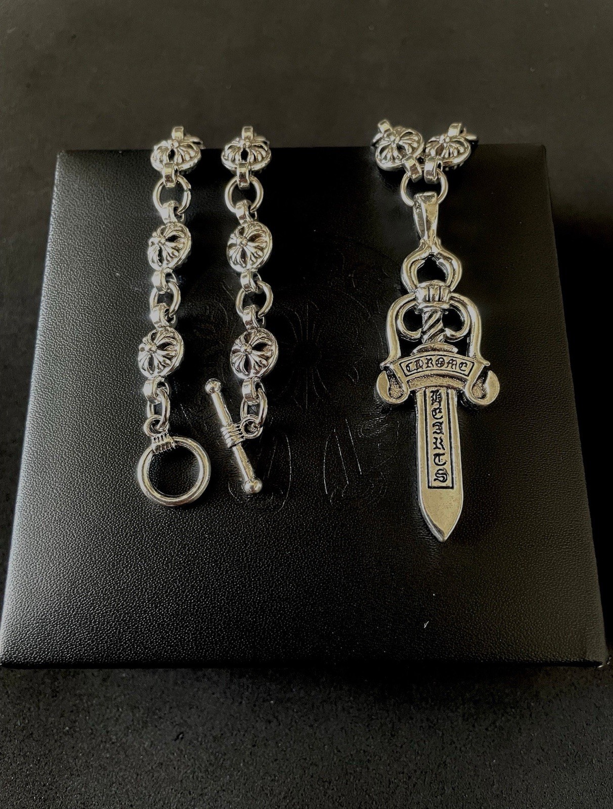 Gothic Y2K Chrome Dagger Necklace with Cross Pendant Heavy 20in Chain 925 Silver