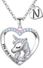 Unicorn Necklace for Girls Gifts - 14K White Gold Plated CZ Heart Pendant Unicor