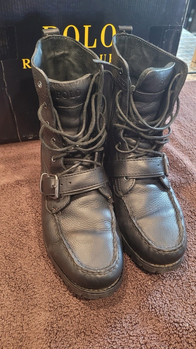 Polo Ralph Lauren Men's Leather Combat Boots Black Lace Up Buckle