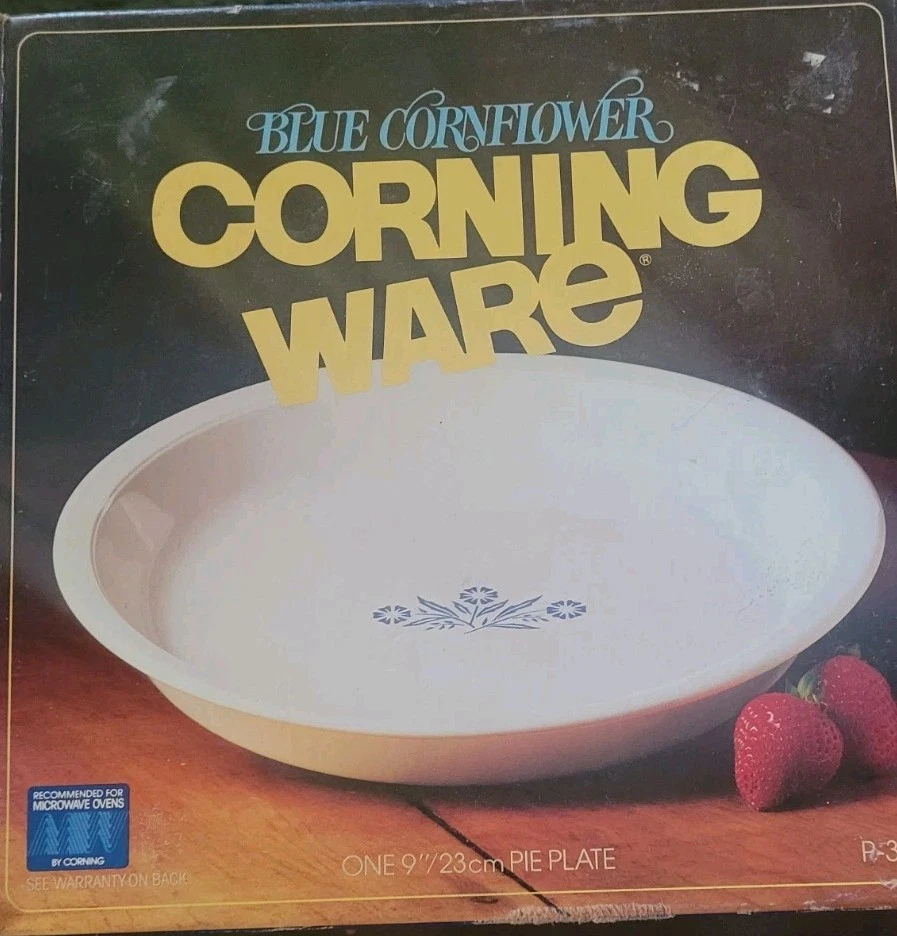 Vintage Corning Ware Blue Cornflower 9-inch pie plate in its original box.