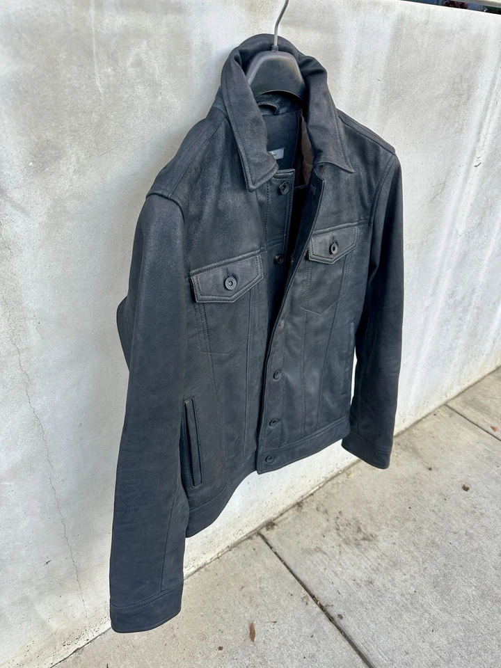 Men’s Black Brushed Leather JOHN VARVATOS Trucker Jacket (S) Msrp:$698 - Image 2 of 4