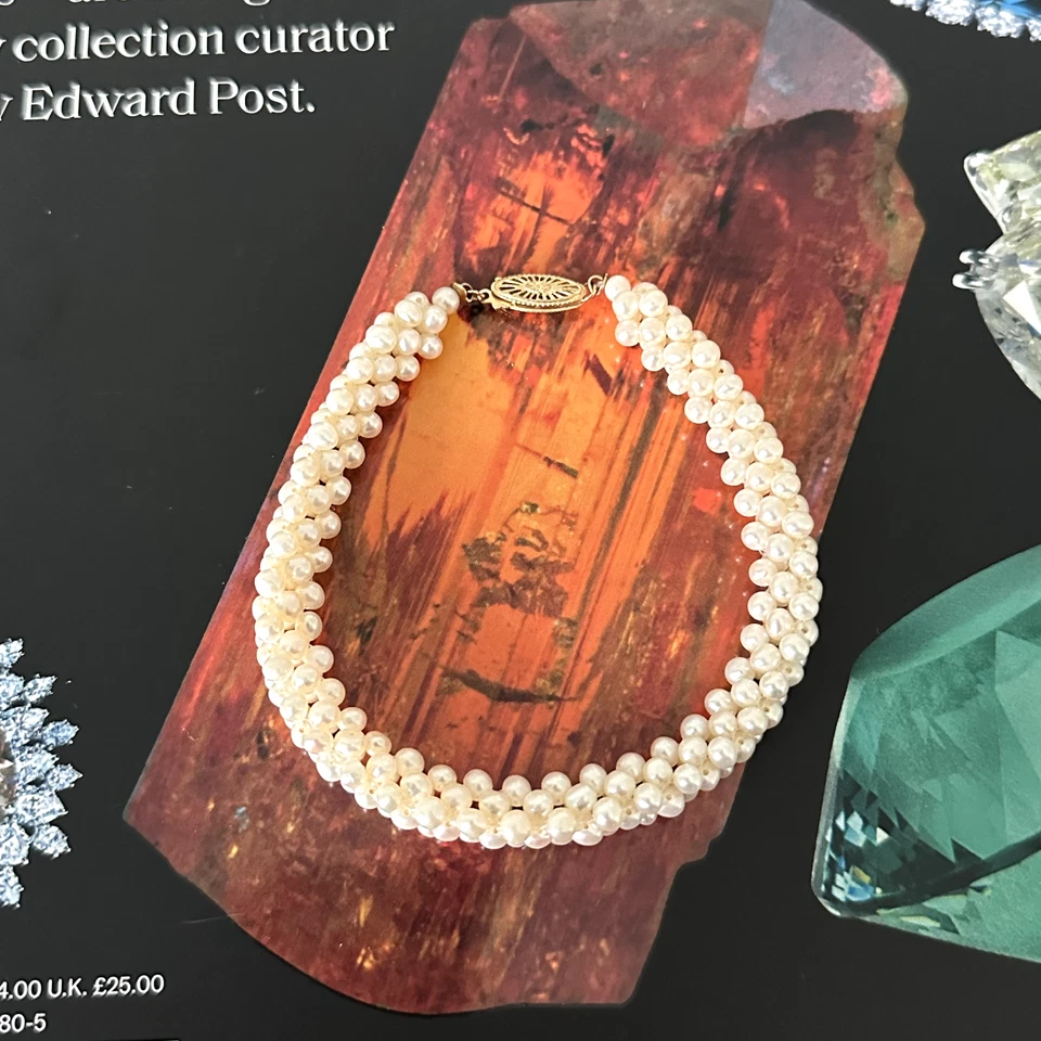 Brazalete vintage de oro amarillo de 14 quilates de perlas reales genuinas con racimo de varias filas 7,75" Foto 2 de 4