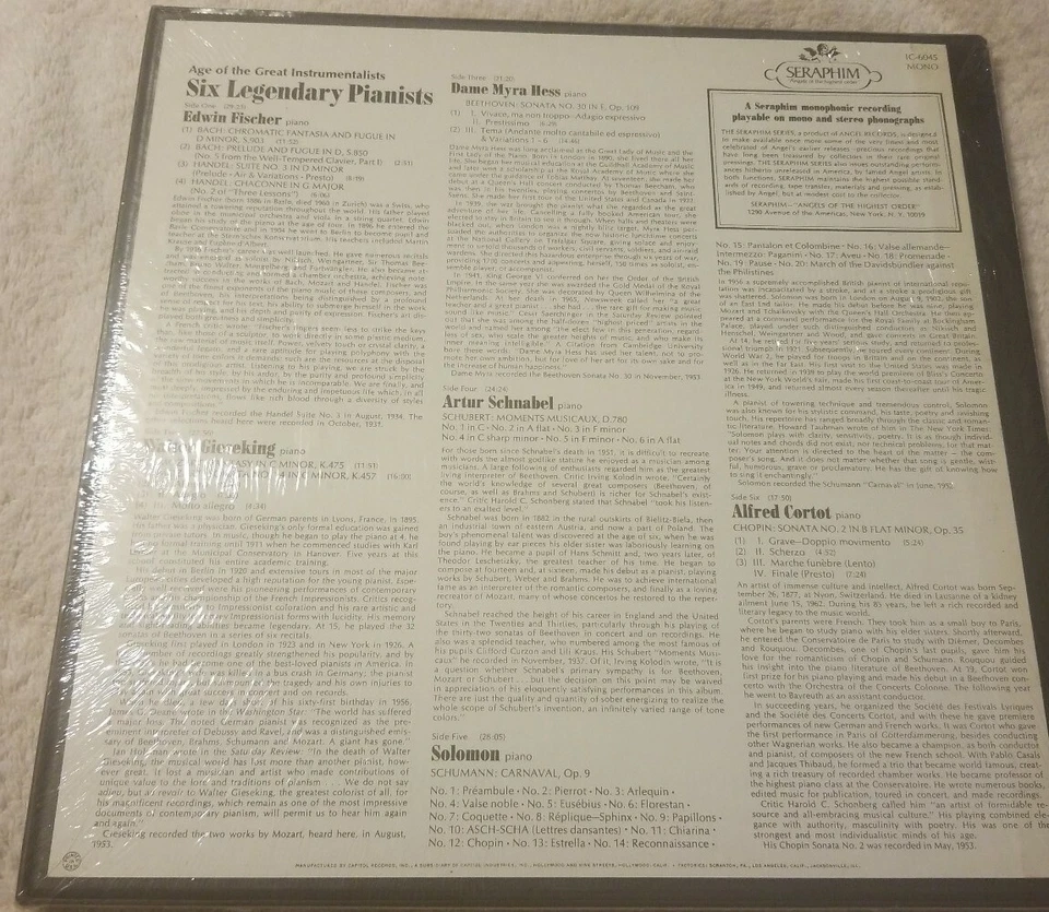 Six Legendary Pianists Fischer/Gieseking/Hess/Schnabel/Solomon/Cortot New Mono - Image 2 of 4