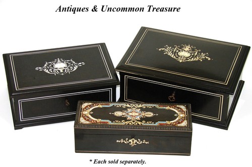 Elegant Antique French 11" Jewelry or Desk Box, Ebony Marquetry & Ornate Inlay - Picture 9 of 9