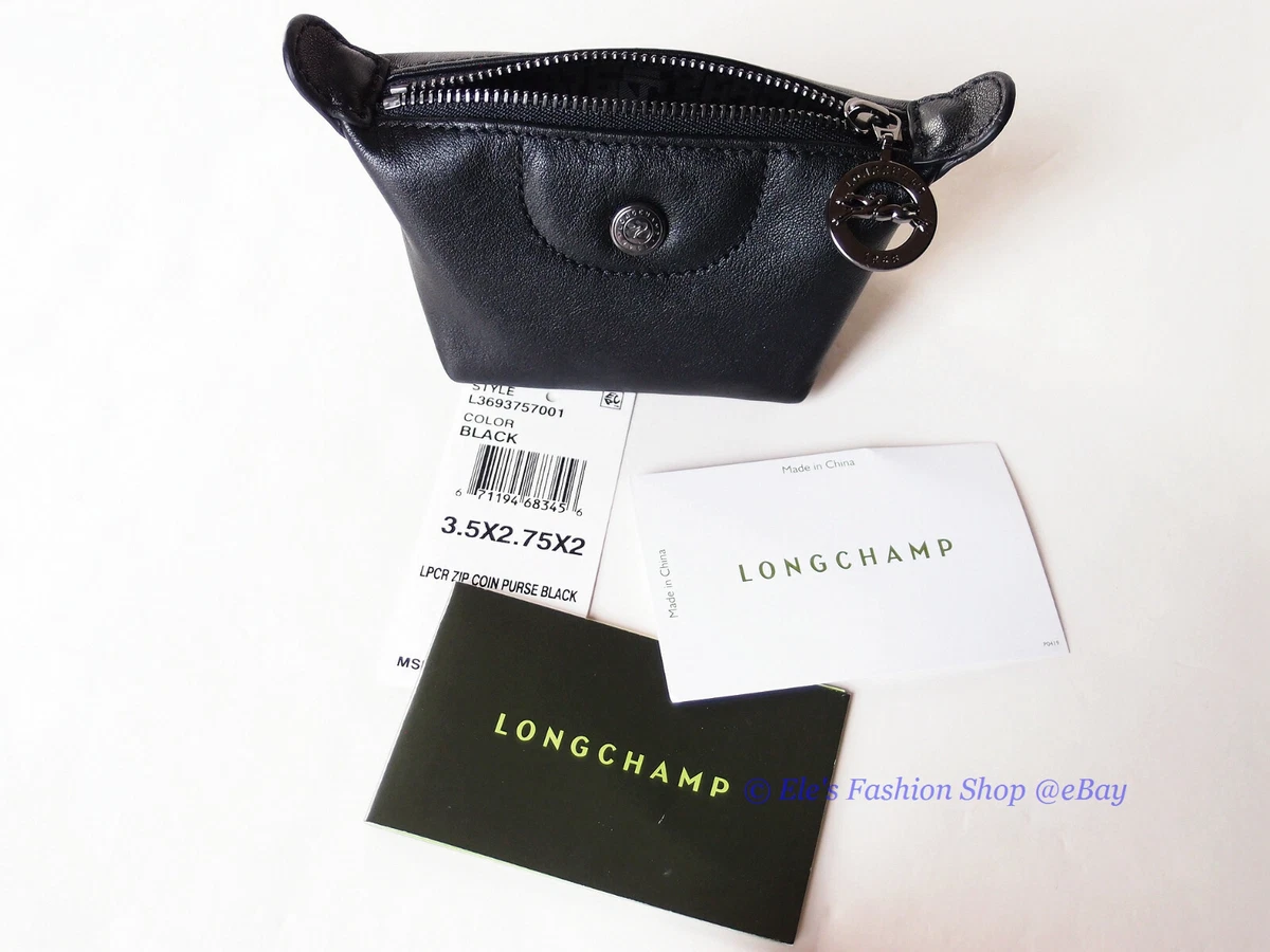 NWT Longchamp Le Pliage Cuir Leather Zip Top Coin Purse BLACK 100